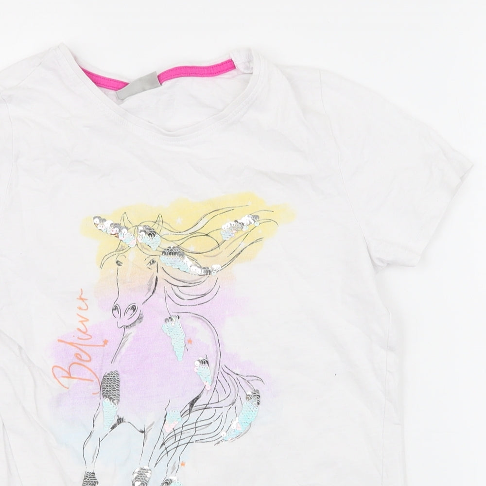 Matalan Girls White Animal Print 100% Cotton Jersey T-Shirt Size 12 Years Round Neck Pullover - unicorn