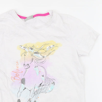 Matalan Girls White Animal Print 100% Cotton Jersey T-Shirt Size 12 Years Round Neck Pullover - unicorn
