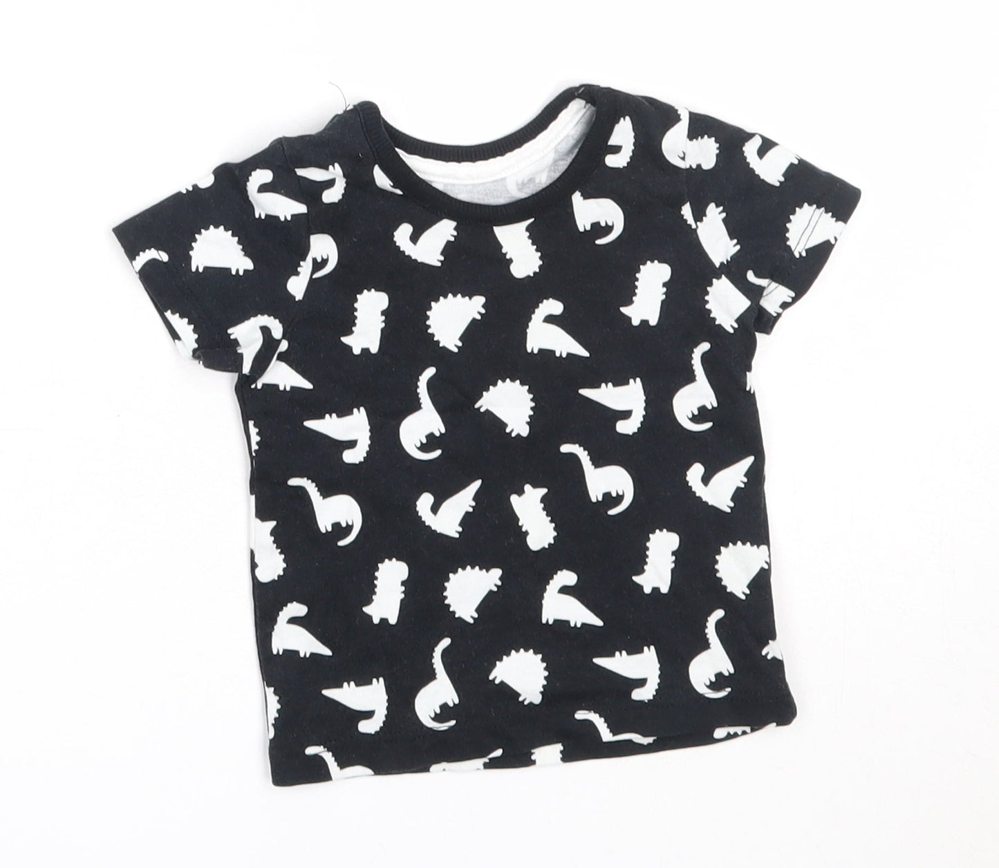 George Boys Black  Cotton Basic T-Shirt Size 0-3 Months Round Neck  - dinosaur