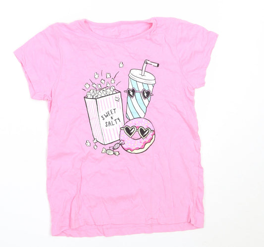 Primark Girls Pink  Cotton Basic T-Shirt Size 9-10 Years Round Neck  - popcorn