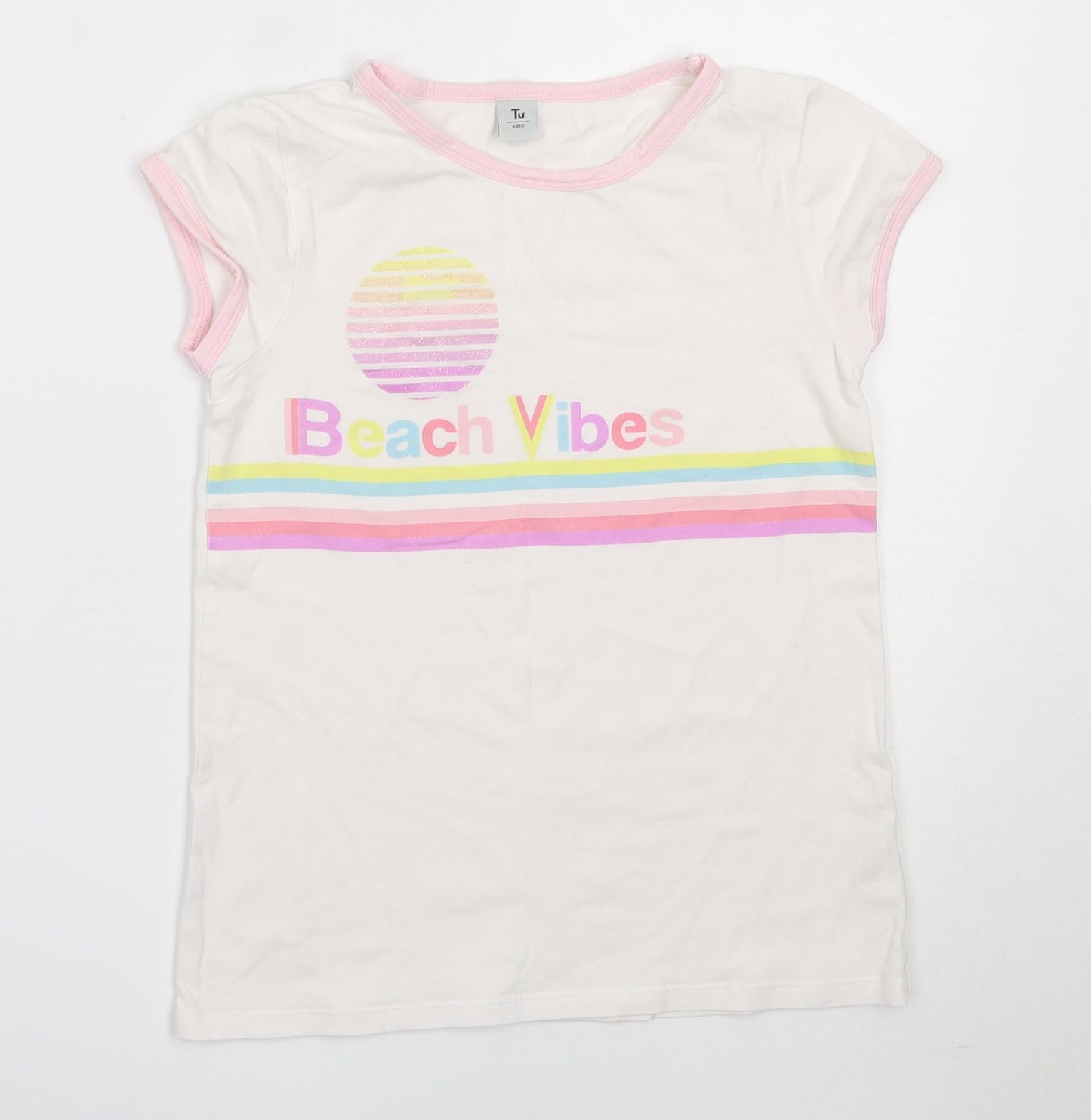 TU Girls White  Cotton Basic T-Shirt Size 9 Years Round Neck  - beach