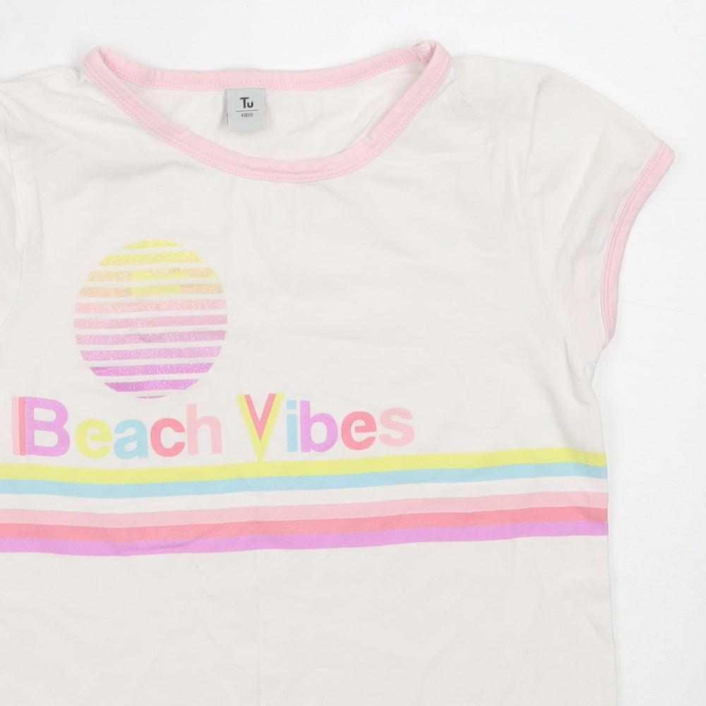 TU Girls White  Cotton Basic T-Shirt Size 9 Years Round Neck  - beach
