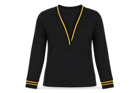 Front view of Yest women’s grey v-neck striped viscose jumper, size UK 14