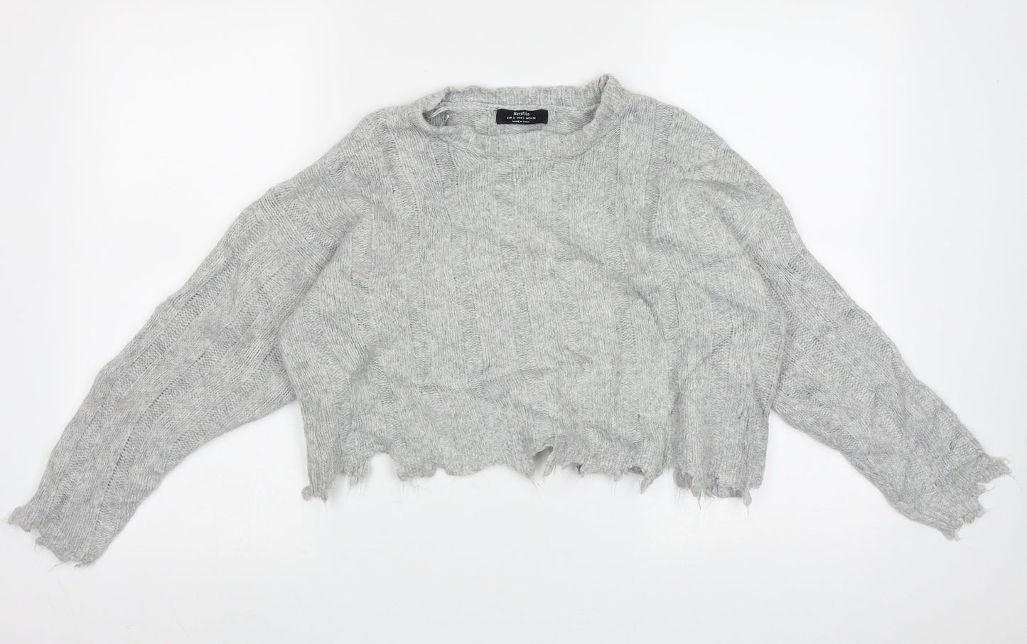 Bershka Womens Grey Crew Neck Striped Acrylic Pullover Jumper Size S