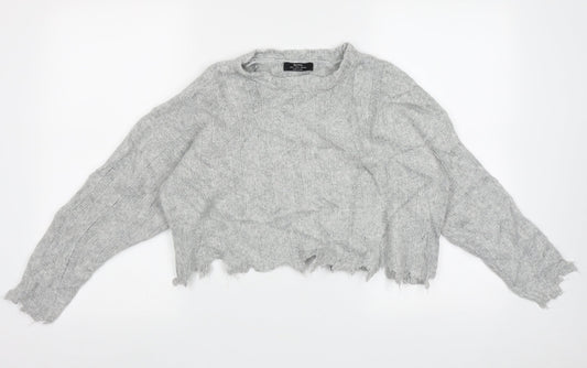 Bershka Womens Grey Crew Neck Striped Acrylic Pullover Jumper Size S