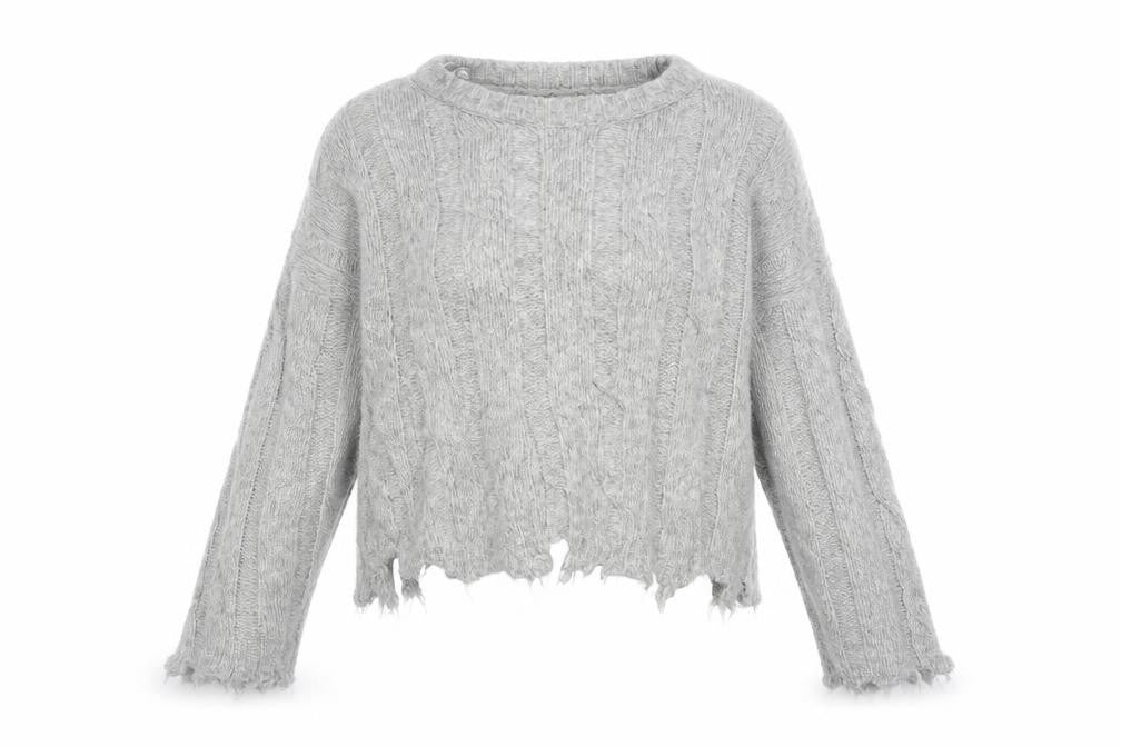 Front view of Bershka women’s grey crew neck striped acrylic jumper, size S