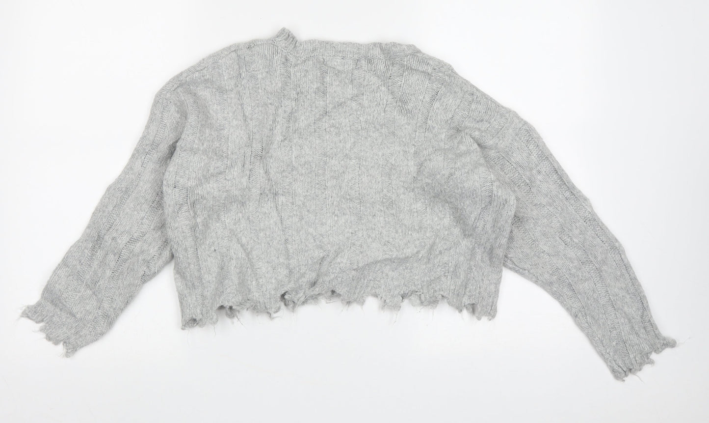 Bershka Womens Grey Crew Neck Striped Acrylic Pullover Jumper Size S