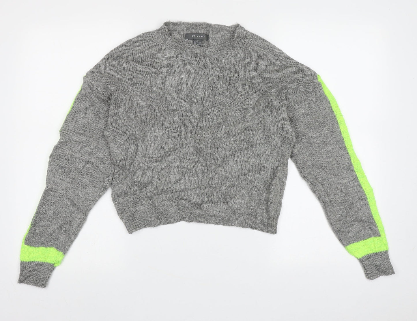 Primark Womens Grey Crew Neck Striped Acrylic Pullover Jumper Size 8