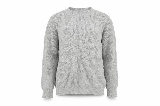 Front view of PRETTYLITTLETHING women’s grey cowl neck acrylic jumper, size M