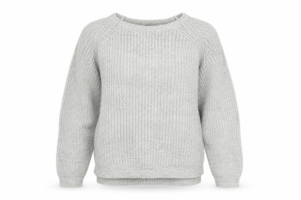 Front view of Atmosphere women’s grey boat neck acrylic jumper, size UK 12, - cold shoudler