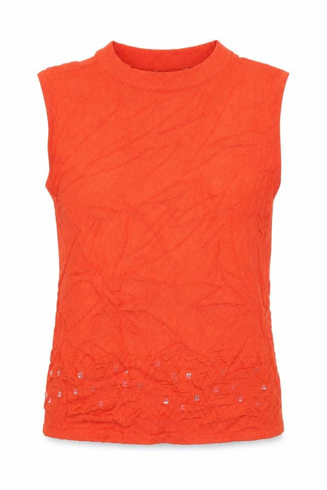 Front view of Off Shoot women’s orange crew neck viscose vest jumper, size M