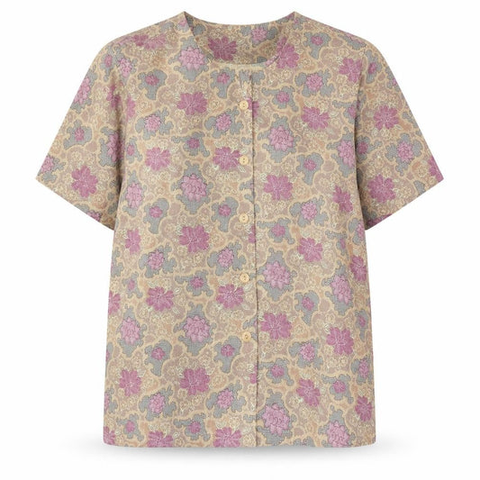 Front view of billian women’s purple floral polyester basic button-up, size UK 16, crew neck