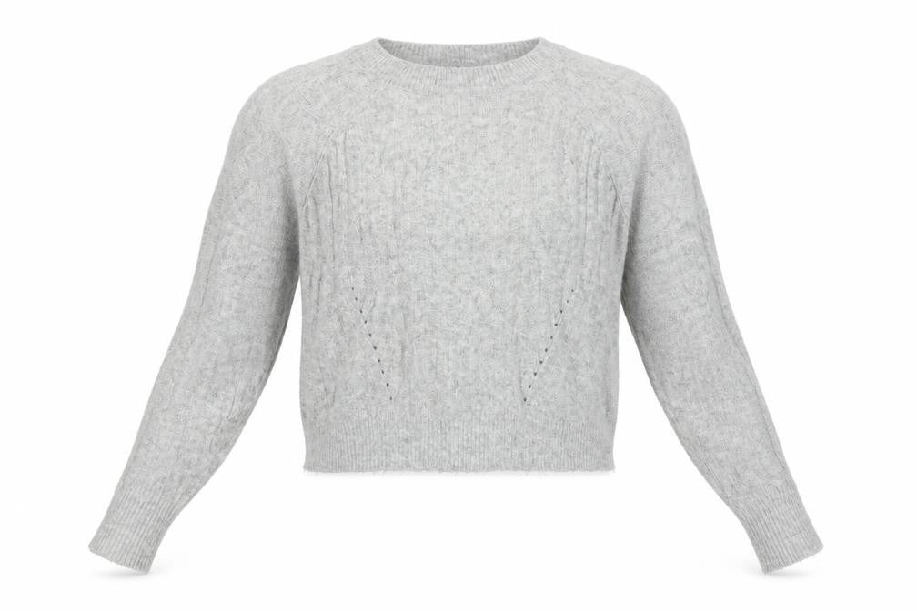 Front view of Topshop women’s grey crew neck geometric acrylic jumper, size UK 6, - crop jumper