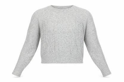 Front view of Topshop women’s grey crew neck geometric acrylic jumper, size UK 6, - crop jumper