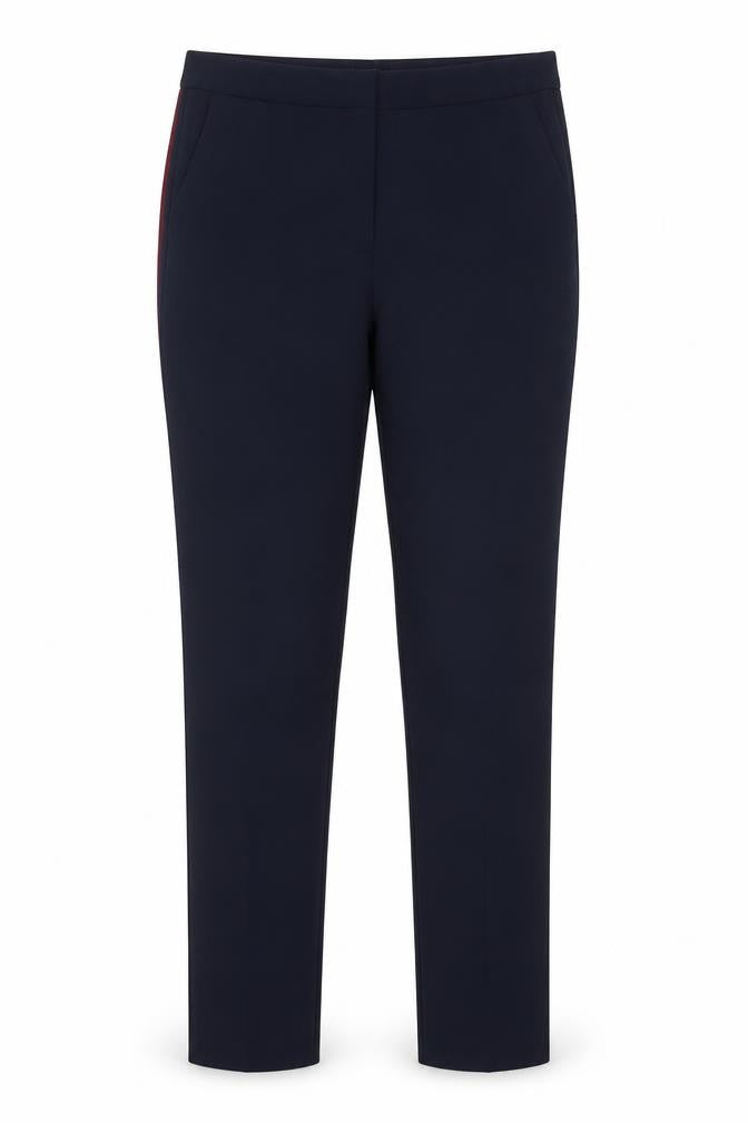 Front view of Autograph women’s blue striped polyester trousers, size UK 8, 28-inch leg regular hook & eye