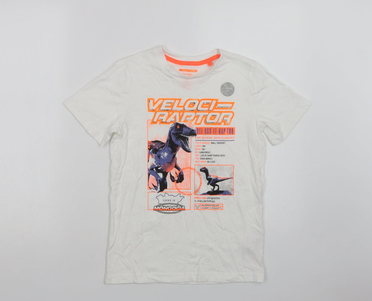 F&F Boys White  Cotton Basic T-Shirt Size 8-9 Years Crew Neck  - Dinosaur
