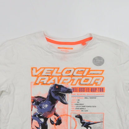 F&F Boys White  Cotton Basic T-Shirt Size 8-9 Years Crew Neck  - Dinosaur