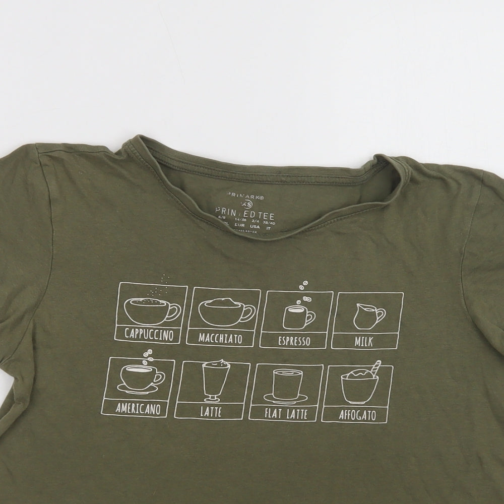 Primark Womens Green  Cotton Basic T-Shirt Size XS Crew Neck - Coffee