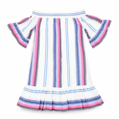 Front view of F&F women’s multicoloured striped cotton a-line, size S, off the shoulder