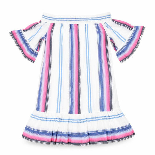 Front view of F&F women’s multicoloured striped cotton a-line, size S, off the shoulder