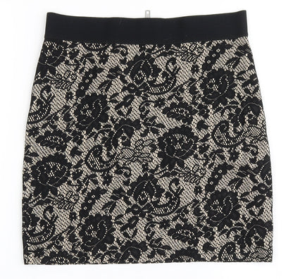 H&M Womens Black Floral Polyester A-Line Skirt Size 8   Zip