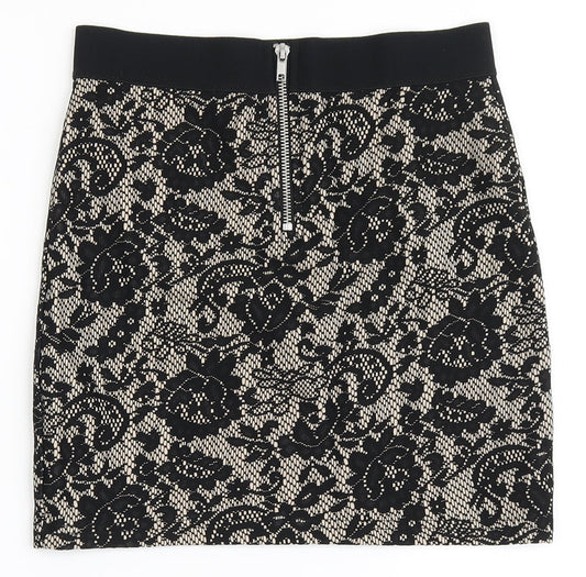 H&M Womens Black Floral Polyester A-Line Skirt Size 8   Zip
