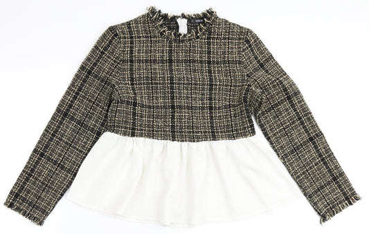 SheIn Womens Brown Check Polyester Basic Blouse Size L Round Neck