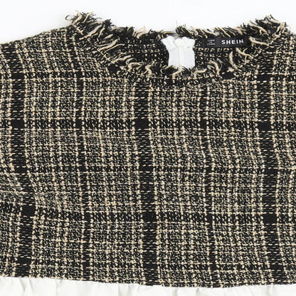 SheIn Womens Brown Check Polyester Basic Blouse Size L Round Neck