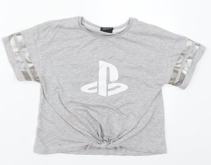 George Girls Grey  Cotton Basic T-Shirt Size 9-10 Years Crew Neck Pullover - Playstation