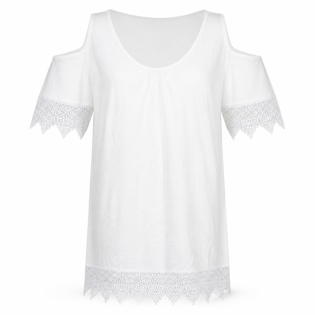 Front view of Bonprix women’s white viscose tunic t-shirt, size M, crew neck - lace sleeve and hem detail, cold shoulder