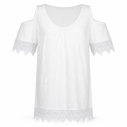 Front view of Bonprix women’s white viscose tunic t-shirt, size M, crew neck - lace sleeve and hem detail, cold shoulder