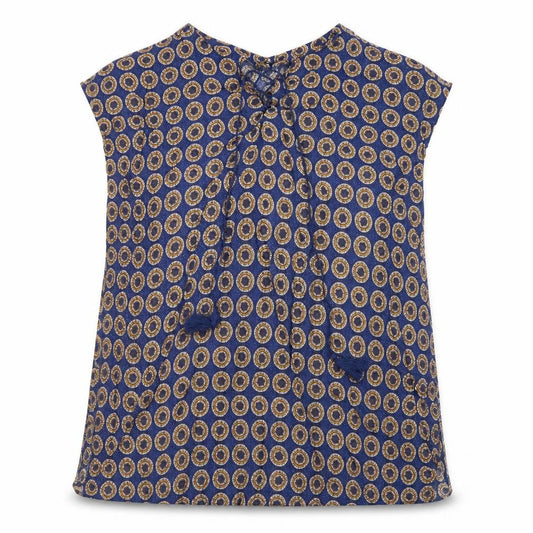 Front view of TEX women’s blue polka dot viscose basic blouse, size S, round neck