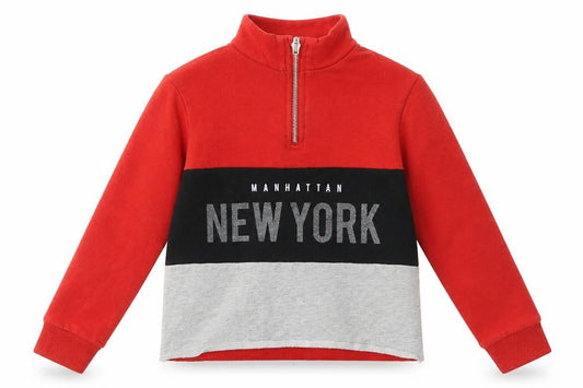 Front view of Active girls’ red v-neck striped polyester jumper, size 8-9, years - new york