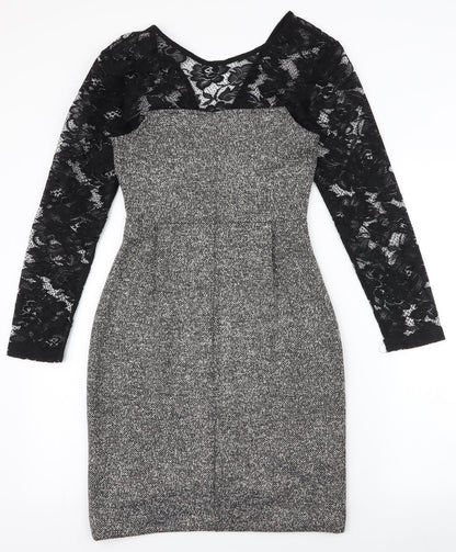 French Connection Womens Black  Polyester Pencil Dress  Size 6  High Neck Zip - lace sleeves