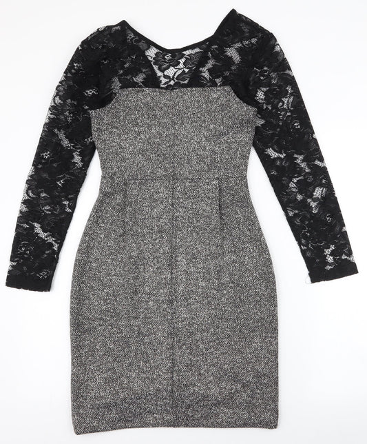 French Connection Womens Black  Polyester Pencil Dress  Size 6  High Neck Zip - lace sleeves