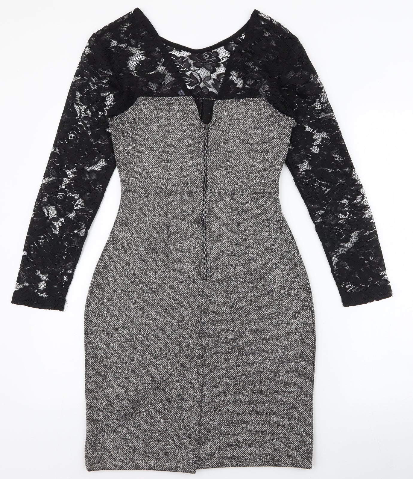 French Connection Womens Black  Polyester Pencil Dress  Size 6  High Neck Zip - lace sleeves