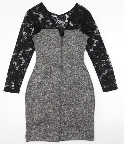 French Connection Womens Black  Polyester Pencil Dress  Size 6  High Neck Zip - lace sleeves