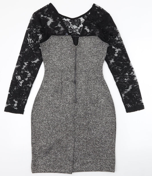 French Connection Womens Black  Polyester Pencil Dress  Size 6  High Neck Zip - lace sleeves