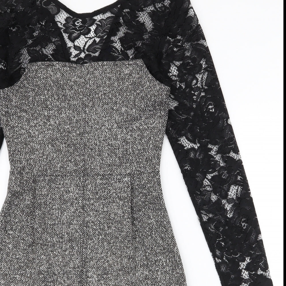 French Connection Womens Black  Polyester Pencil Dress  Size 6  High Neck Zip - lace sleeves