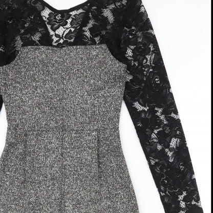 French Connection Womens Black  Polyester Pencil Dress  Size 6  High Neck Zip - lace sleeves