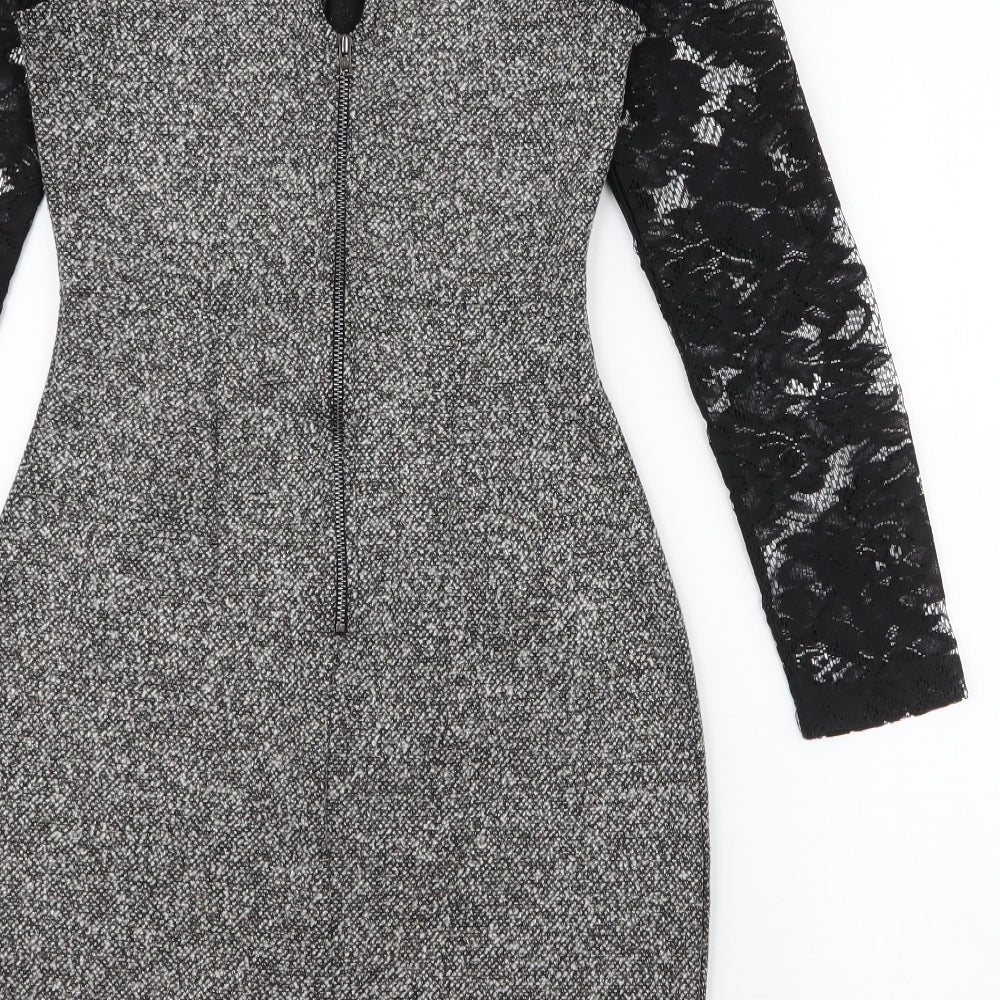 French Connection Womens Black  Polyester Pencil Dress  Size 6  High Neck Zip - lace sleeves