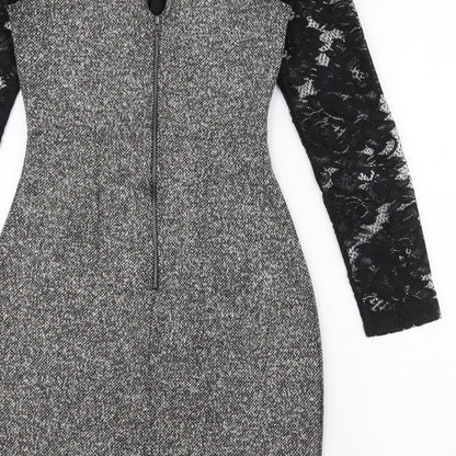 French Connection Womens Black  Polyester Pencil Dress  Size 6  High Neck Zip - lace sleeves