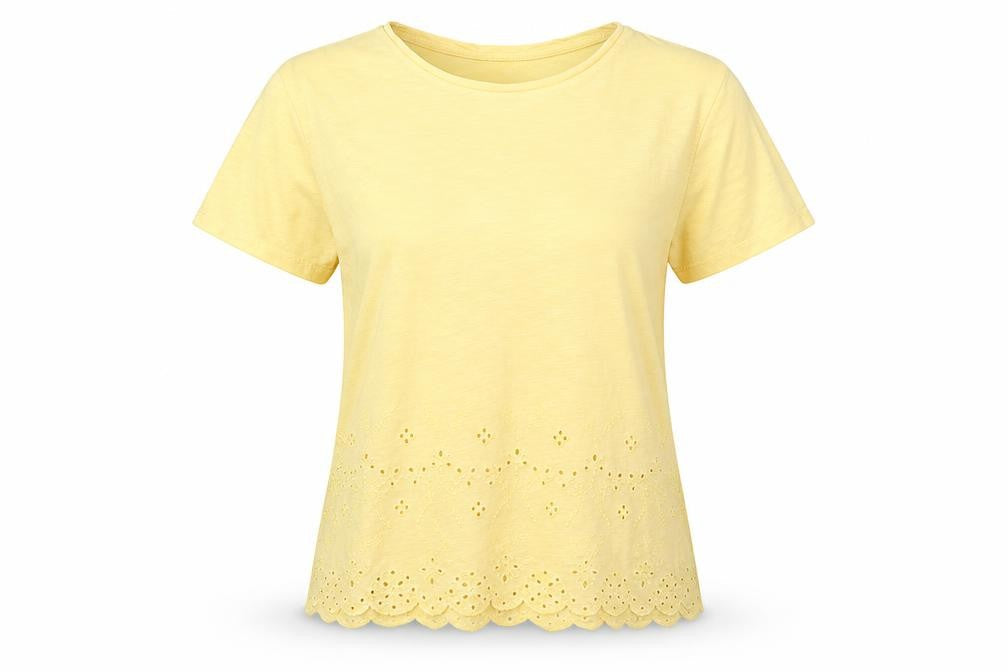 Front view of New Look women’s yellow floral cotton jersey t-shirt, size UK 8, round neck