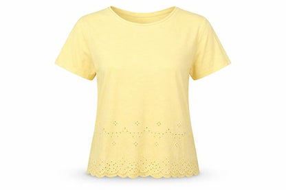 Front view of New Look women’s yellow floral cotton jersey t-shirt, size UK 8, round neck