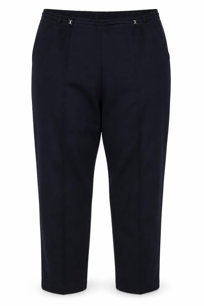 Front view of Marks & Spencer women’s blue polyester trousers, size UK 18, 28.5-inch leg regular