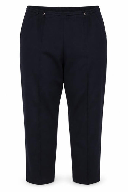 Front view of Marks & Spencer women’s blue polyester trousers, size UK 18, 28.5-inch leg regular