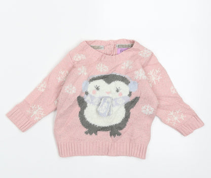 F&F Girls Pink Geometric Acrylic Pullover Jumper Size 3-6 Months  Button - Penguin