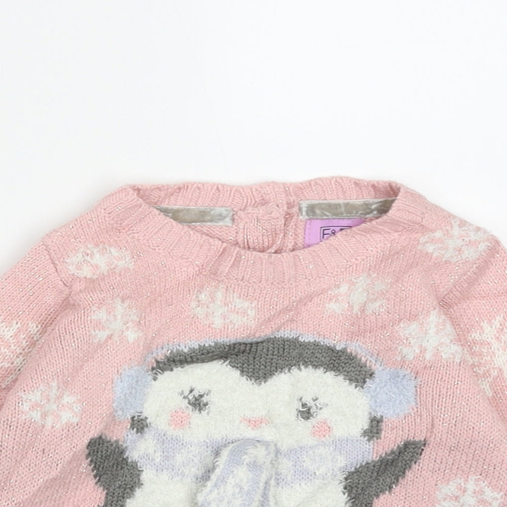 F&F Girls Pink Geometric Acrylic Pullover Jumper Size 3-6 Months  Button - Penguin