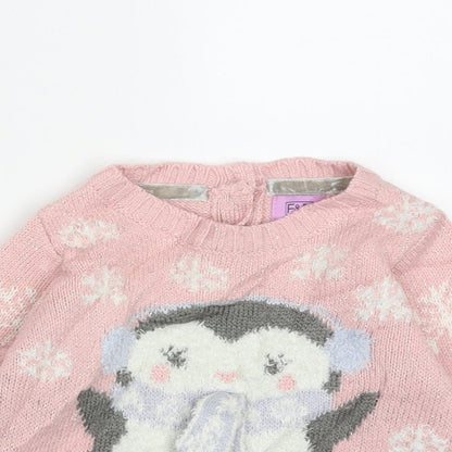 F&F Girls Pink Geometric Acrylic Pullover Jumper Size 3-6 Months  Button - Penguin