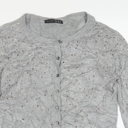 Atmosphere Womens Grey Crew Neck  Viscose Cardigan Jumper Size 10   - bead detail